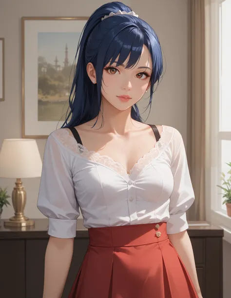 1 character, One, solo,  portrait of a girl , solo focus,  1girl , intricate, 1 character, one девушка, hentai, character.  asian-looking girl,  slim sporty sexy girl,   girl with small breasts, with dark blue long hair ,  blue hair in a ponytail,  skirt w...