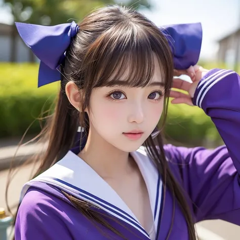 アイドルのような日本 woman ,((１ woman)),  long brown hair , ( ponytail ), Round face ,((  bust up 、 purple sailor suit  ,  As shown in the picture  ,    High School 、 natural pose