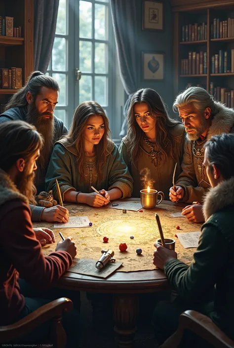 Make a group of 5 people siting on a circle playing a table top rpg