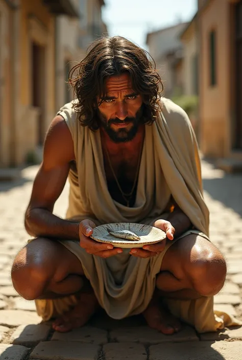 An ultra-realistic depiction of Jesus kneeling on a sunlit street in a small European town on a hot day. He wears tattered, worn-out clothing, clearly inadequate for the harshness of his circumstances, with visible signs of hardship, exhaustion, and depriv...