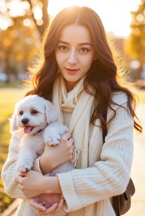 : A young woman is enjoying a sunny day outdoors, holding a fluffy white dog in her arms. The dog appears to be a small breed, possibly a Bichon Frise, with its tongue playfully sticking out, adding a sense of joy and liveliness to the scene. The woman is ...