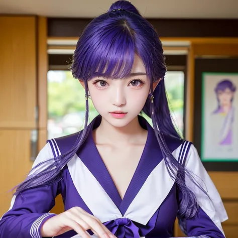 アイドルのような日本 woman ,((１ woman)), ( ponytail ), Round face ,((  bust up 、 purple sailor suit  ,  As shown in the picture  ,    High School 、natural pose masterpiece, Purple Hair, 