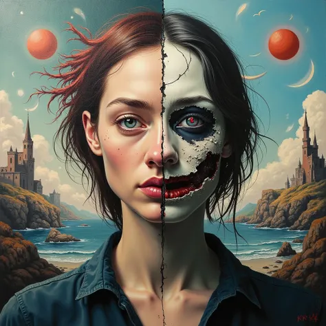 A surrealistic, illogical painting about a split personality