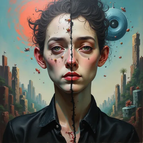 A surrealistic, illogical painting about a split personality