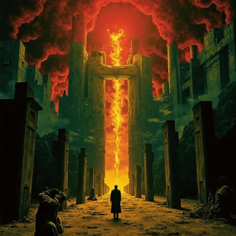 dark surrealist artwork style of a dystopian Zdzisław Beksiński environment and world of a huge antique industrial complex, doomed workers, suffering, enlightment portal, heavens, angels, armor, cinematics colors, lights and shadows on high contrast, dark ...