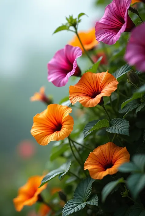 there are many different colored flowers growing on a vine, blurry sky in background, beautiful flowers growing, morning glory flowers, colorful flowers, flowering vines, magical colorful flowers, colorful vines, flowers and vines, colourful flowers, beaut...