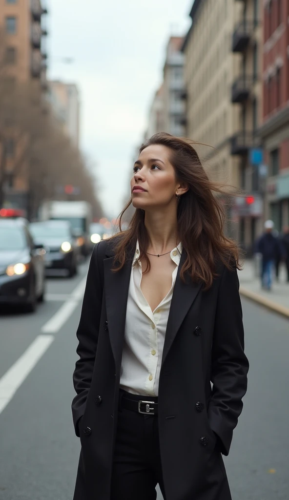 A woman stands by the roadside, gazing into the distance with a hopeful expression. Behind her, a busy city street symbolizes the challenging journey of life. The shot is taken from a distance, capturing the broad city atmosphere.