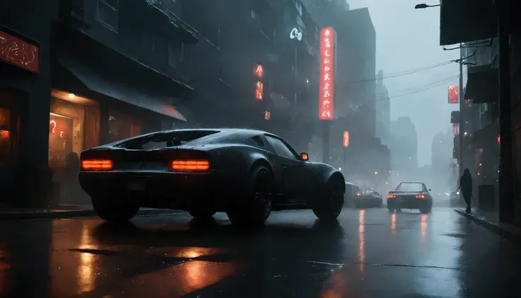 A black sports car driving on a wet street in a city at night. The street is lined with tall buildings on both sides, and there are red neon signs hanging from the buildings. The sky is dark and foggy, and the street is wet, indicating that it has recently...