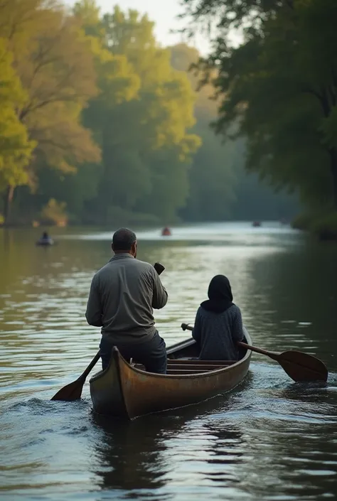 A Muslim piroguier paddles his canoe along a wide, calm river. A woman in a hijab, holding her baby on her back, sits inside, reciting a quiet du'a (prayer) for safety as they travel together. The river flows gently, and the surrounding trees cast peaceful...