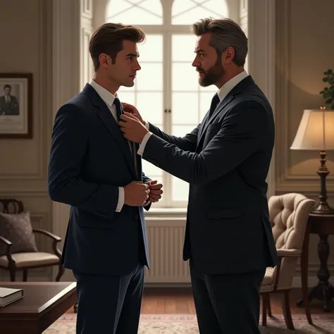  Two men in suits and shiny shoes in a room,  one young and one mature with a thick body  ,     the mature one is tying the tie of the young man  