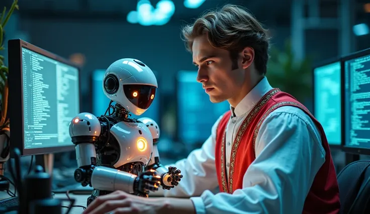  A young man dressed in a traditional madura dress with a red and white horizontal stripe motif and matching colored ornate peci.  He is inside a futuristic technology lab ,  surrounded by advanced electronic devices and computers with screens displaying l...