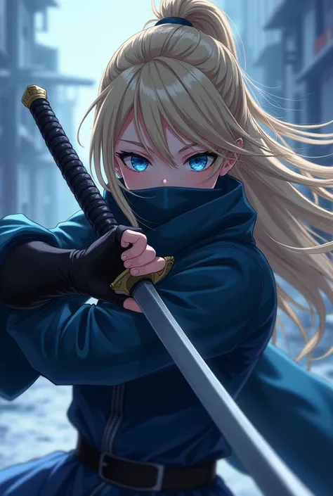 Kunoichi is an anime character with half-up blonde hair, blue eyes, and uses a sword in a cool atmosphere in clothes that hide her nose and mouth