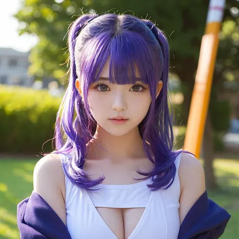  Japanese woman like an idol ,(( 1 girl)), ( ponytail ), Round face ,((  bust up 、orange school leotard ,  As shown in the picture  ,    High School 、 natural pose、masterpiece, Purple Hair, 