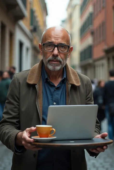 Show a 40-year-old bald, goatee man with his glasses hanging around his neck  , and carrying in his hands a laptop closed horizontally like a tray and on that laptop a cup of hot coffee , And all in a scene of the hummus stumbling and everything falling. 