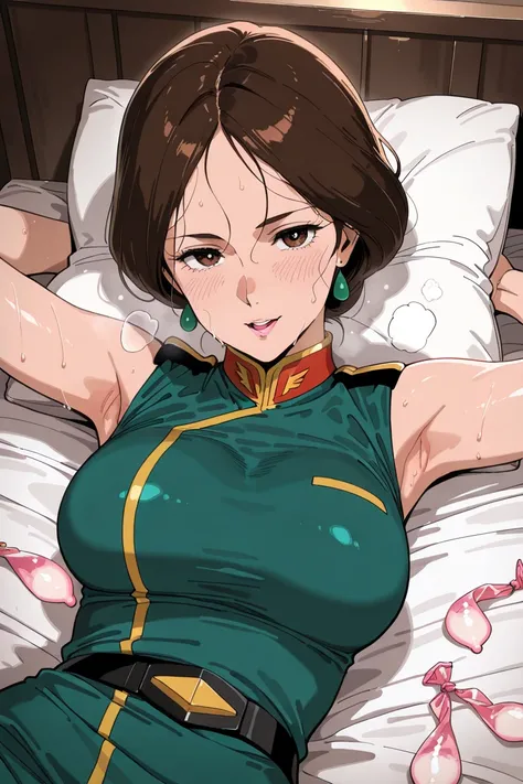  Emma Sheen, Mobile Suit Z Gundam、masterpiece,  Super high quality , Super Detail, beautiful,  brown hair, bob hair、 1980s,Kind eyes、Seductive lips、 on my face、 used condoms、 bed、pillow、 sweaty、 the moment of orgasm、 on my face、 dyed cheeks、 I'm out of bre...