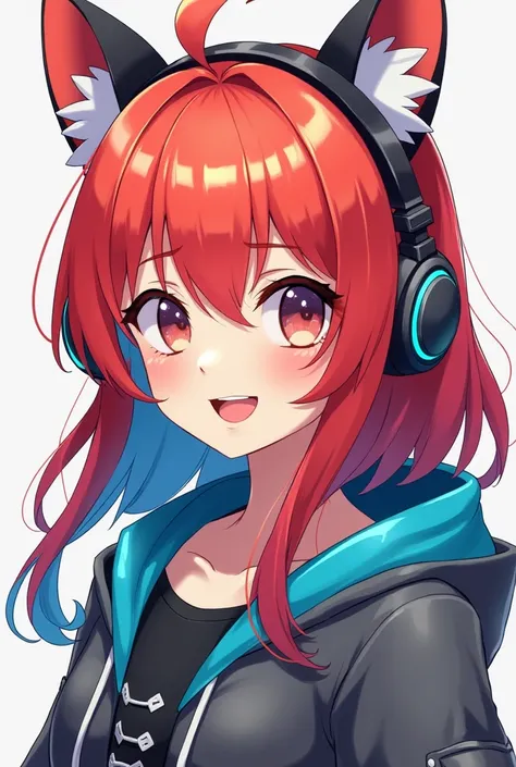 anime character with red and blue hair and headphones on, an anime drawing by theCHAMBA, tumblr, furry art, unknown artstyle, trigger anime artstyle, sketchy artstyle, vibrant fan art, clean artstyle, 2 d anime style, some orange and blue, anime artstyle, ...