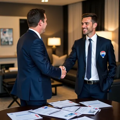 A professional RE/MAX agent shaking hands with a client inside a stylish home, with a table filled with sale documents. The scene emphasizes professionalism and trust