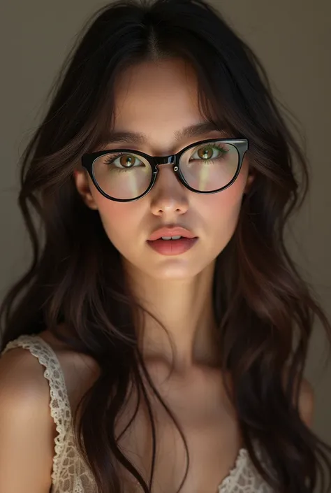  Beautiful girl with dark brown hair,  brown eyes,  long eyelashes, black glasses, Make her look studious but elegant  