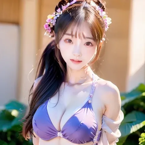 Japanese woman like an idol ,((１ woman)), ( ponytail ), Round face ,((  bust up 、purple school swimsuit ,  As shown in the picture  ,    High School 、 natural pose、masterpiece, Purple Hair, 