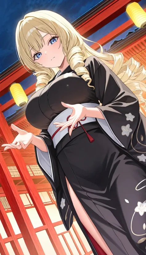 score_9, score_8_up, score_7_up, score_6_up, score_5_up, score_4_up,1girl,solo,crwnrd, blue eyes, blonde hair, long hair, drill hair, large breasts,close mouth,(Japanese clothes,black kimono),outdoor,looking at viewer,cowboy shot,masterpiece,Noise Reductio...