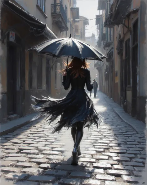 Generate an image of a woman walking with an umbrella down a cobblestone street, in front of an old building, in the style of an expressionist, gestural charcoal drawing. Use dynamic, expressive strokes to convey the atmosphere and movement of the scene. I...