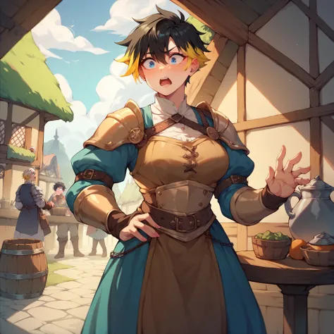 a tomboy with black hair and yellow highlights and blue eyes. she is in medieval armor and looks shocked and surprised while standing in a tavern.