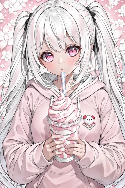 A gamer girl with black and white long-twin tailed hair. She has pink eyes, Pastel hoodie, Pastel gamer bedroom background, Milkshake, absurdres,best quality