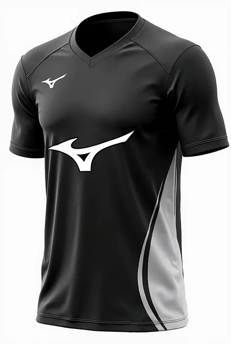 make me a volleyball jersey that is black gray and white design whose design on the right side is mizuno and on the top of the left is the volleyball logo and in the middle part is the volleyball logo which is quite large with a nice design