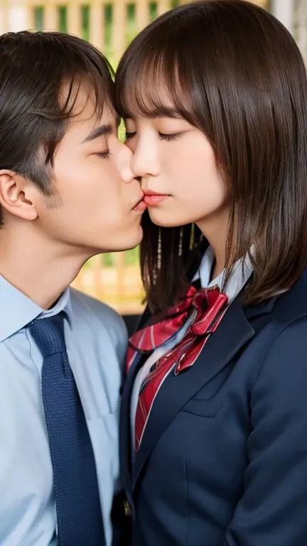 ((masterpiece,  top quality,  high resolution)),  A Japanese high school student and her father share a passionate kiss、( is present: 1.4),  Embarrassing、 closed eyes 、 close eyes 、 Closed Mouth、Keep your mouth shut .、great face, glossy lips、Age 15,  short...