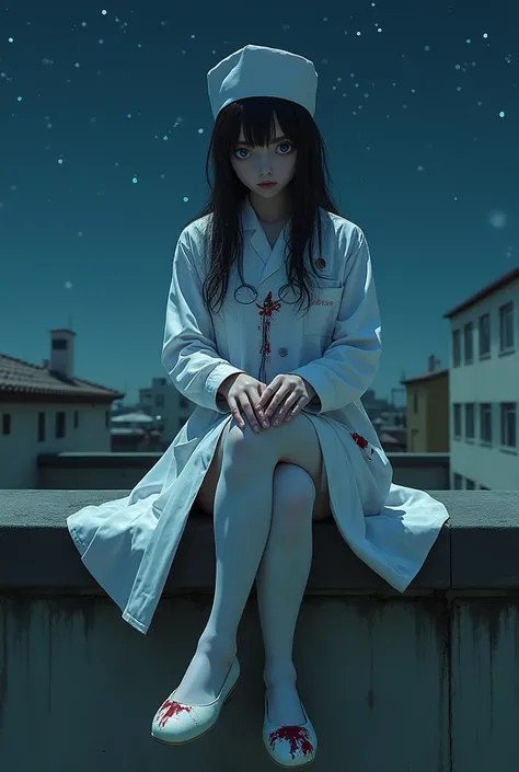 The doctor is sitting on the roof of the hospital. She has black eyes where you can see the starry sky. She is dressed in the doctor's white uniform blood on the uniform white stockings and white slippers with her hands she holds a scalpel that is covered ...