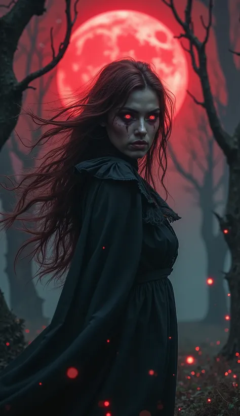 A realistic depiction of a terrifying mystical witch inspired by a fairy tale, standing close to the camera in a dark, enchanted forest. The witch looks straight into the camera with a sinister and intense gaze, her hair blowing violently as if caught in a...