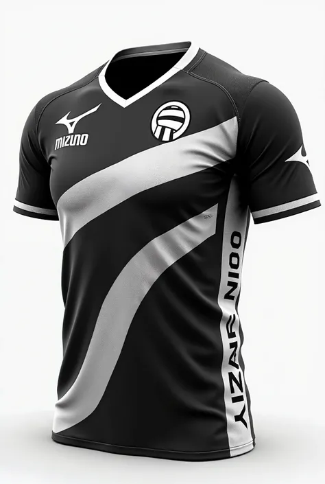 make me a jersey with black white and gray design for volleyba with the design in feont of a volleyball and in the upper right is the logo of mizuno while in the left the logo of volleball at the back put a name Lizano K. and the number 09