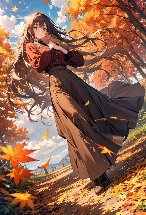  Flowing Hair ,Beautiful sky, Beautiful Clouds, autumn,  colorful flowers, (The leaves of the autumn leaves dance), Masterpiece, high resolution,wide-angle lens,  long skirt 