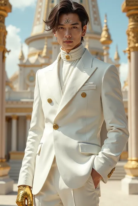 1boy, jeramie, face marks, gold glove, white suit, palace in the background