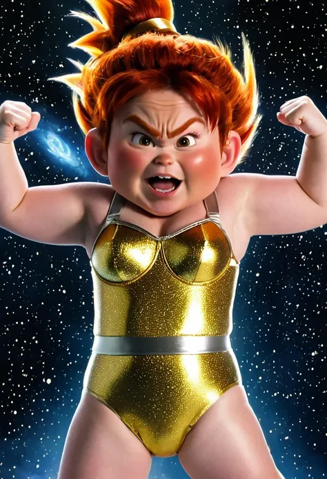  Chubby red-haired freckled girls wearing shiny metallic gold underwear in full super Saiyan transformation, fighting a double with X-rays in the eyes ,  in outer space casting electrical rays with her hands and through her underwear.in the form of   