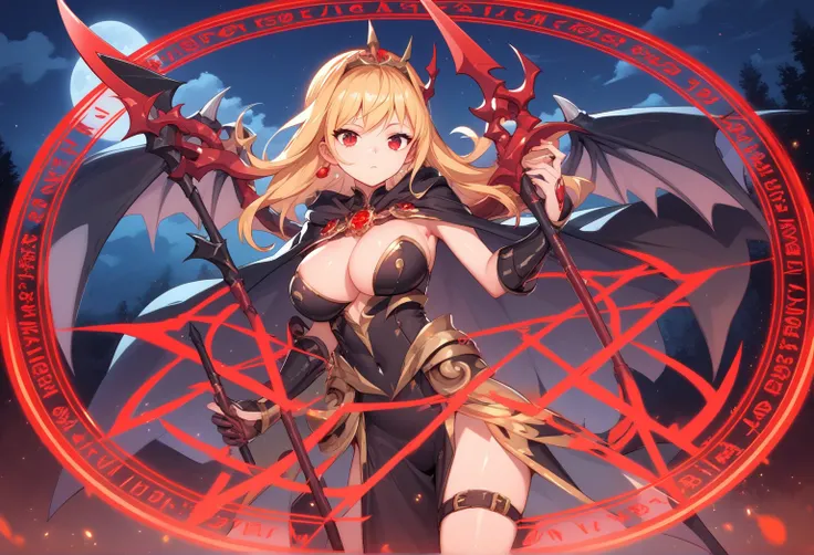 Best Quality, One girl, Age,（Long golden hair:1.4),(Large Breasts:1.3),standing, Red eyes, Double teeth，night，Red Moon, Wings,Black shiny decoration cape,(black shapewear), shiny skin, expressionless , magic circle, holding a large scythe,toon