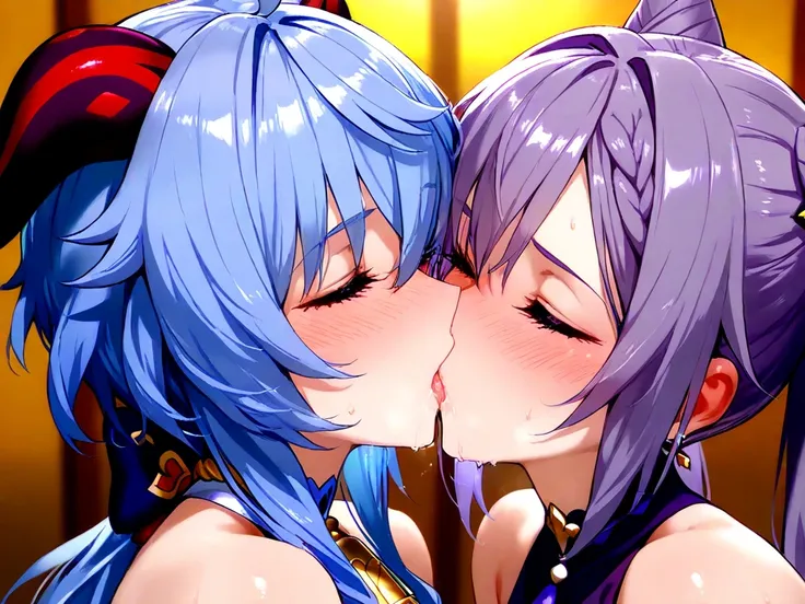 2girls, keqing and ganyu, sexy, erotic, kissing