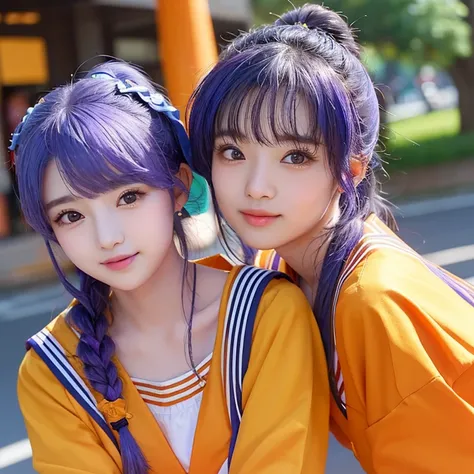  Japanese woman like an idol ,(( 1 girl)), ( ponytail ), Round face ,((  bust up 、orange sailor suit ,  As shown in the picture  ,    High School 、 natural pose、masterpiece, Purple Hair,  blushes、