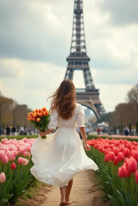  Create a beautiful French woman in a white flowing dress running towards the Eiffel Tower with a bouquet of tulips, against the backdrop of blooming spring gardens and the Eiffel Tower,  extremely realistic,  masterpiece