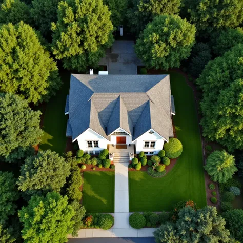 An aerial view of a well-maintained house with a clean front yard, surrounded by greenery. The home looks ready for the real estate market, symbolizing potential value