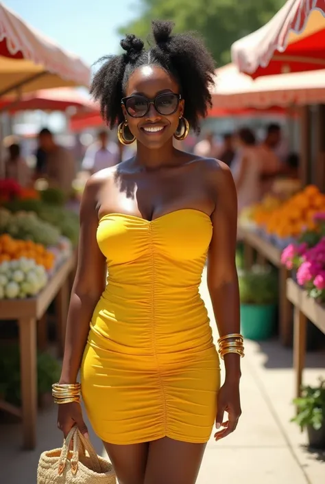 A curvaceous Black woman in a sunshine-yellow bandage dress with a sweetheart neckline and ruching at the waist, paired with nude stilettos. She wears a stack of gold bangles, oversized sunglasses, and a raffia tote. Her hair is styled in bantu knots with ...