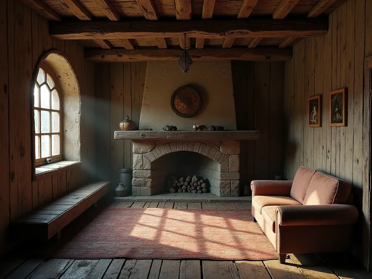 inside a medieval poor house Livingroom, no people, wooden walls and wooden furniture, verry small cozy room, medieval fantasy atmosphere, everything is old and cracked.