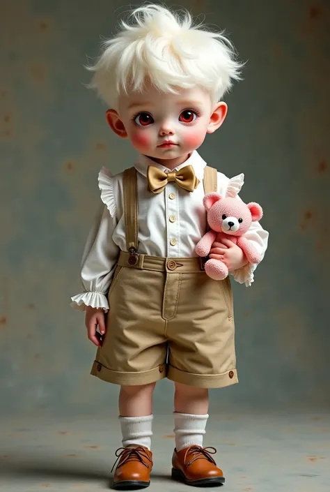  boy, Albino,  white short baggy, Red eyes,  white shirt with ruffles , Bowtie , Suspender, Beige shorts , knee socks, Brown Shoes,  pink teddy bear 