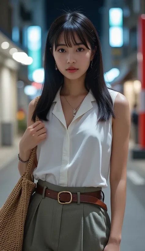 (32K:1.9,  top quality, masterpiece,  super high resolution),   Highly Detailed Skin and Face Textures :1.2,  perfect dynamic composition:1.2, ( Night Modern Street Corner , Expressions of sadness:0.7), Young Japanese OL :1.0,  white skin,  perfect style:1...