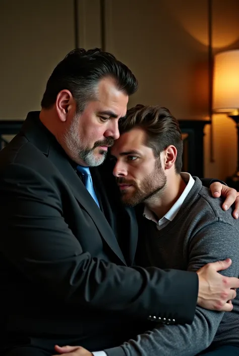 Handsome Italian mobster in his 40s , tall and plump ,  with well-groomed short dark hair with a trimmed gray beard,  who wears a black Italian two-piece suit with a black shirt and sky blue tie ,  hugging and comforting a handsome white young man in his 3...