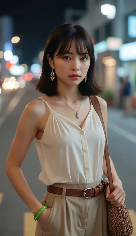 (32K:1.9,  top quality, masterpiece,  super high resolution),   Highly Detailed Skin and Face Textures :1.2,  perfect dynamic composition:1.2, ( Night Modern Street Corner , Expressions of sadness:0.7), Young Japanese OL :1.0,  white skin,  perfect style:1...