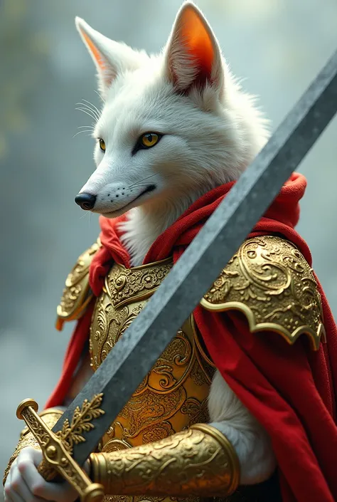  hyperreal、 photos、A white fox wearing golden armor with a dragon motif holds a huge double-edged sword in his hand、 close-up of a Japanese doll、 red cloak 