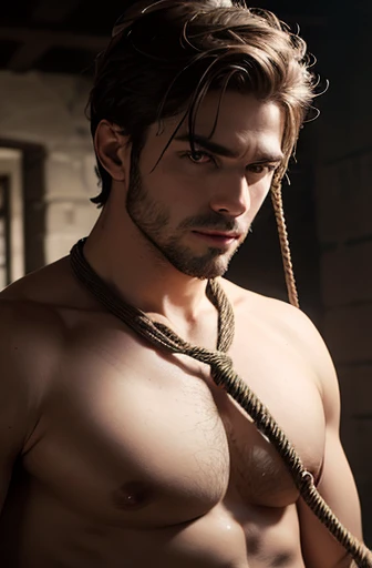 a muscular man, shirtless, being tied up, naked, big cock, dick, penis, erection, hard cock, perfect  cock, looking up at the camera, detailed face, beautiful eyes, chiseled jawline, perfect physique, intricate rope work, dramatic lighting, cinematic compo...