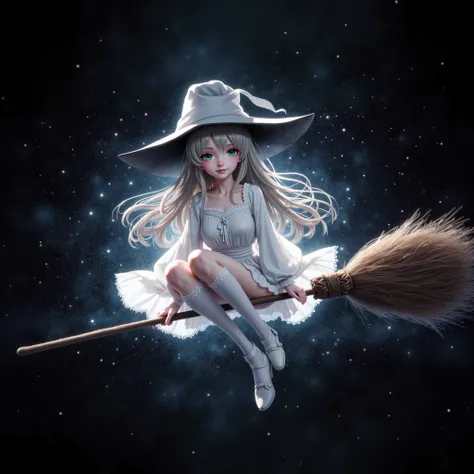  pretty girl witch girl 、Blue-green eyes、 White Camisole Clothes 、 white socks 、White Hat、 white shoes 、 full body view、 unmanned night sky background 、 The subject is a single daughter solo 、