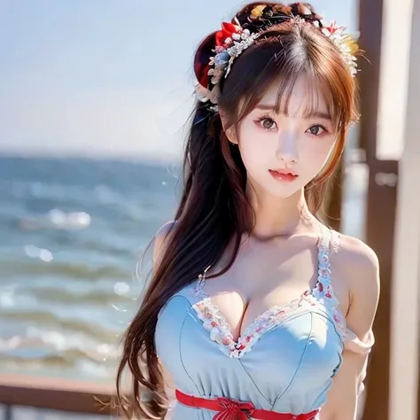 アイドルのような日本 woman ,((１ woman)), ( ponytail ), Round face ,((  bust up 、blue sailor suit ,  As shown in the picture  ,    High School 、 natural pose、masterpiece, Red Hair,  big breasts、 red ribbon